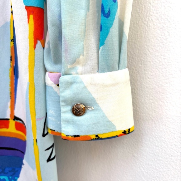 Rare Vintage 70's Ken Scott Hand Printed Sailboat Print MIdi Dress Retro White M - Picture 7 of 15